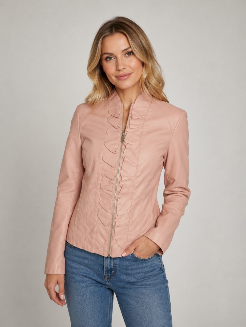 Baccini Since 1978 Pale Pink Faux Leather Zip Front W/ Ruffle Jacket, S